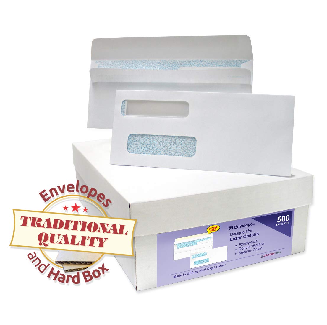 NextDayLabels #9 Double Window Check Envelopes - 500 Pack Ready-Seal Security Tinted Envelopes for QuickBooks, Sage 100, Blackbaud Checks - Self-Sealing Laser-Compatible - Made in USA