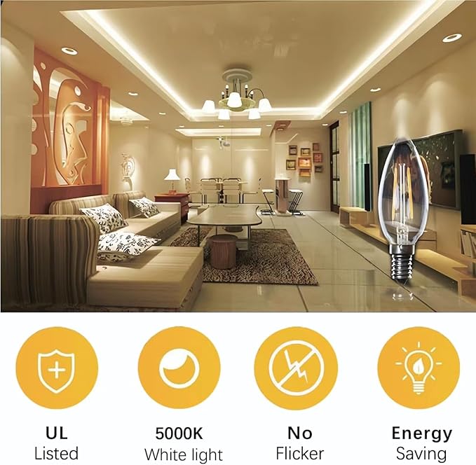 E12 LED Light Bulbs Dimmable 5000K Daylight White 4 watt 40W Equivalent Chandelier Light Bulb Filament LED Candle Bulbs,for Ceiling Fan Home,Candle Lamp,Bedroom Decor. (5000k Daylight White, 6-Pack)