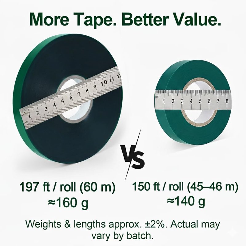 Plant Tie Tape 0.5" × 197 ft – Non-Adhesive Stretch PVC, Cut-to-Length, Weather-Resistant & Reusable Garden Tape for Vines, Tomatoes & Trees, Includes Binder Clip & Mesh Bag