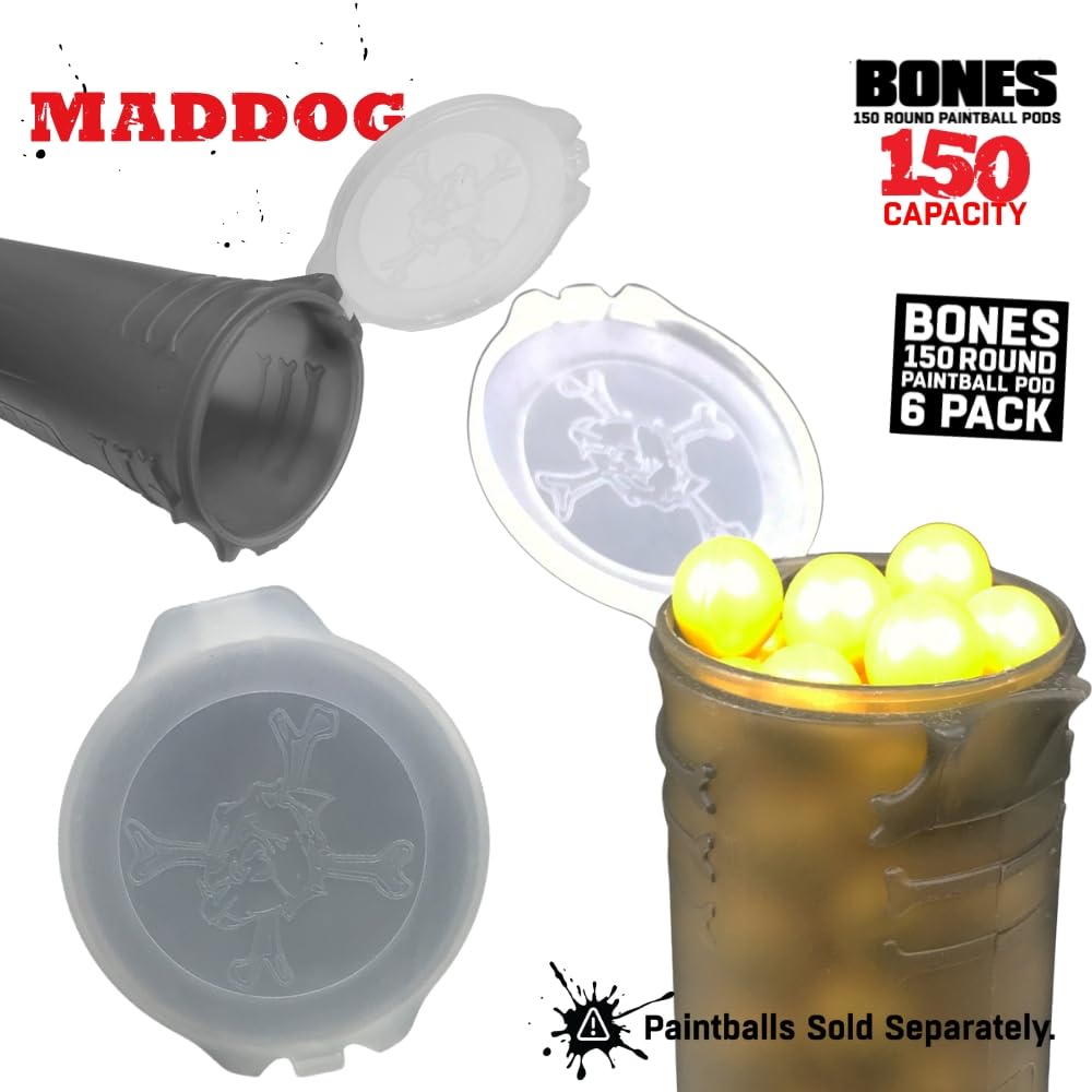 Maddog 150 Round Bones Paintball Pods | Durable Quick Reload Tubes for Tournament and Recreational Speedball Woodsball | 6 Pack - Smoke