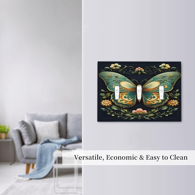 Butterfly Ornate with Flower Light Switch Covers 3 Gang Triple Toggle Wall Plate Decorative Switchplate Electrical Faceplate for Farmhouse Living Decor