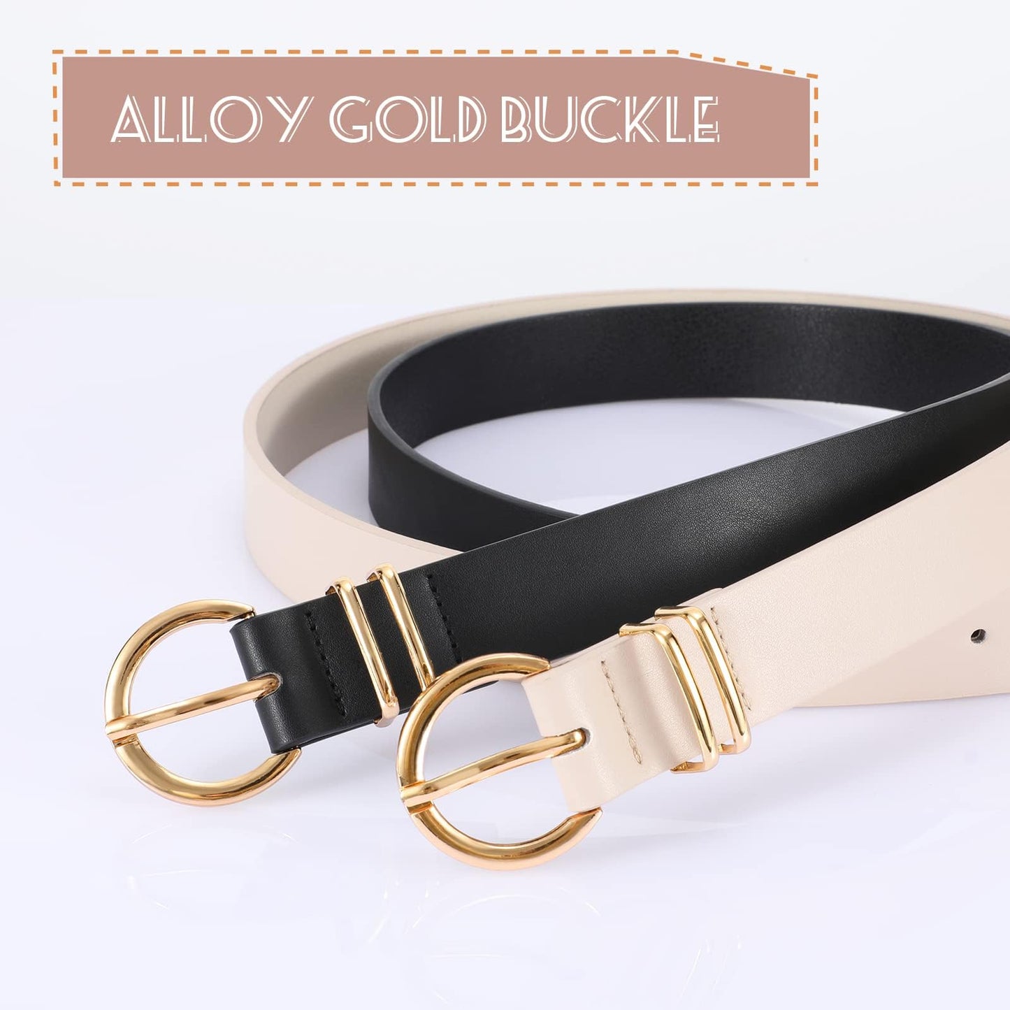VONMELLI 2 Pack Women's Leather Belts for Jeans Pants Fashion Gold Buckle Ladies Belt Beige Brown M
