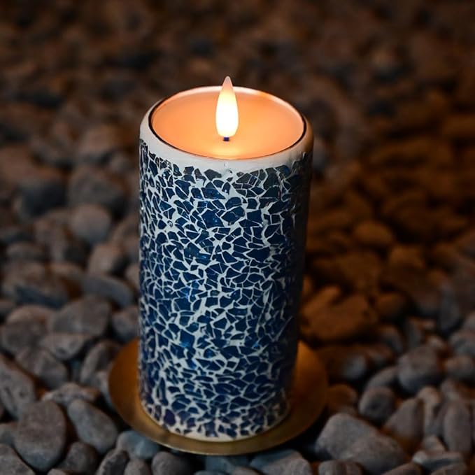 Blue Cracked Glass Flameless Pillar Candles - 3D Moving Flickering LED, Remote Timer & Battery Operated, Real Wax Interior for Home/Christmas Decor