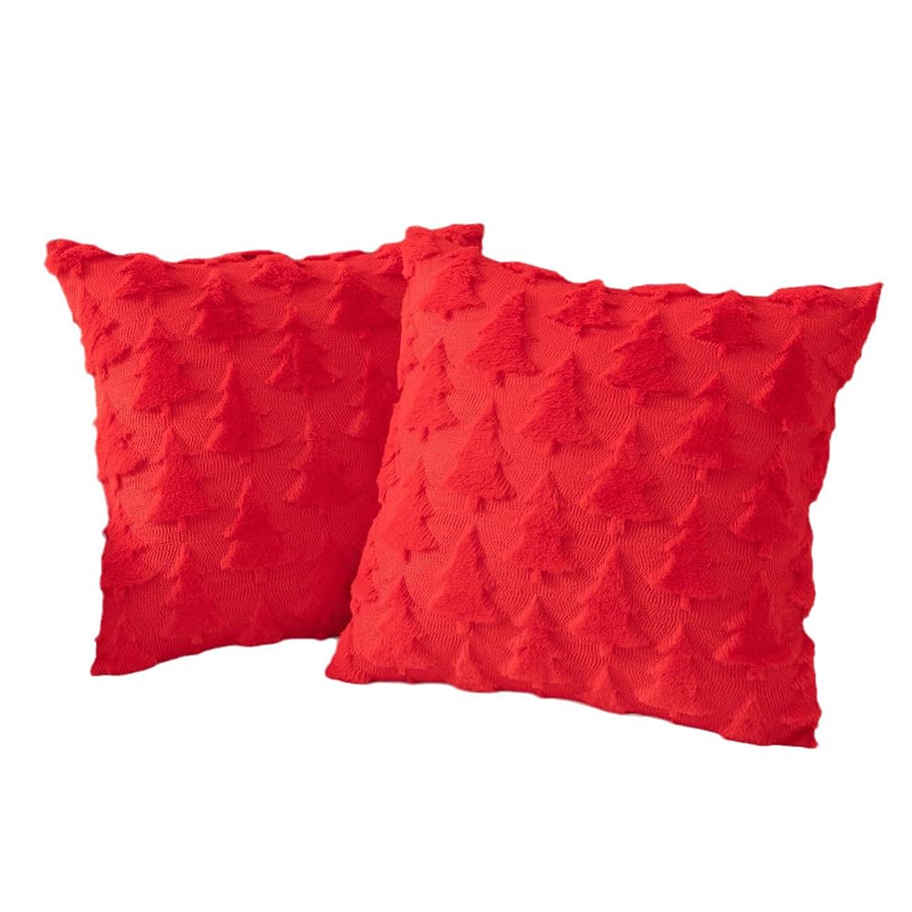 TBAVNOSY Christmas Tree Pillow Covers Set of 2 18x18 inches, 3D Xmas Tree Shaped Faux Fur Throw Pillow Covers for Couch, Sofa, Living Room Winter Holiday Decor, Farmhouse (Red)