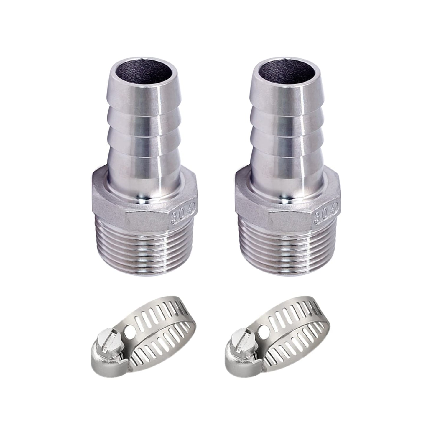 Pysrych Stainless Steel 304 Hose Barb Fitting, 1-1/4" Barbed x 1-1/4" NPT Male Straight Adapter Connector with 2 Hose Clamps, Pack of 2