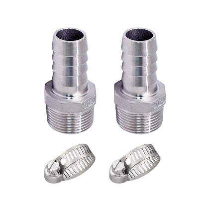 Pysrych Stainless Steel 304 Hose Barb Fitting, 1-1/4" Barbed x 1-1/4" NPT Male Straight Adapter Connector with 2 Hose Clamps, Pack of 2