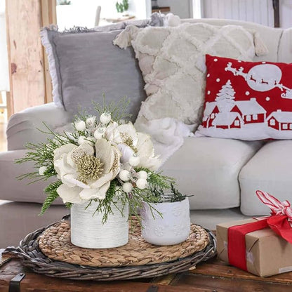 DILATATA 12 inch White Christmas Table Centerpiece with 5" Glitter Magnolia Flower and White Berries Fir Greenery Artificial Floral Centerpiece