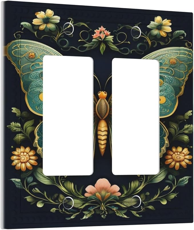 Butterfly Ornate with Flower Dual Outlet Covers Wall Plate 2 Gang Rocker Decora Decorative Switchplate Electrical Faceplate GFCI Light Switch Covers for Farmhouse Living Decor
