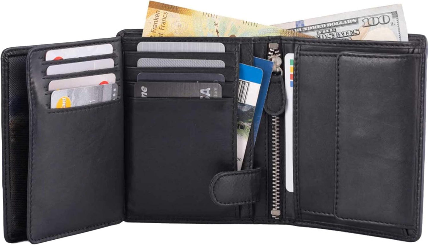 DiLoro Mens Wallet RFID Blocking Genuine Full Grain Leather Bifold Wallet with Flip ID Coin and Secure Zip Compartment Extra Large (Black Nappa)