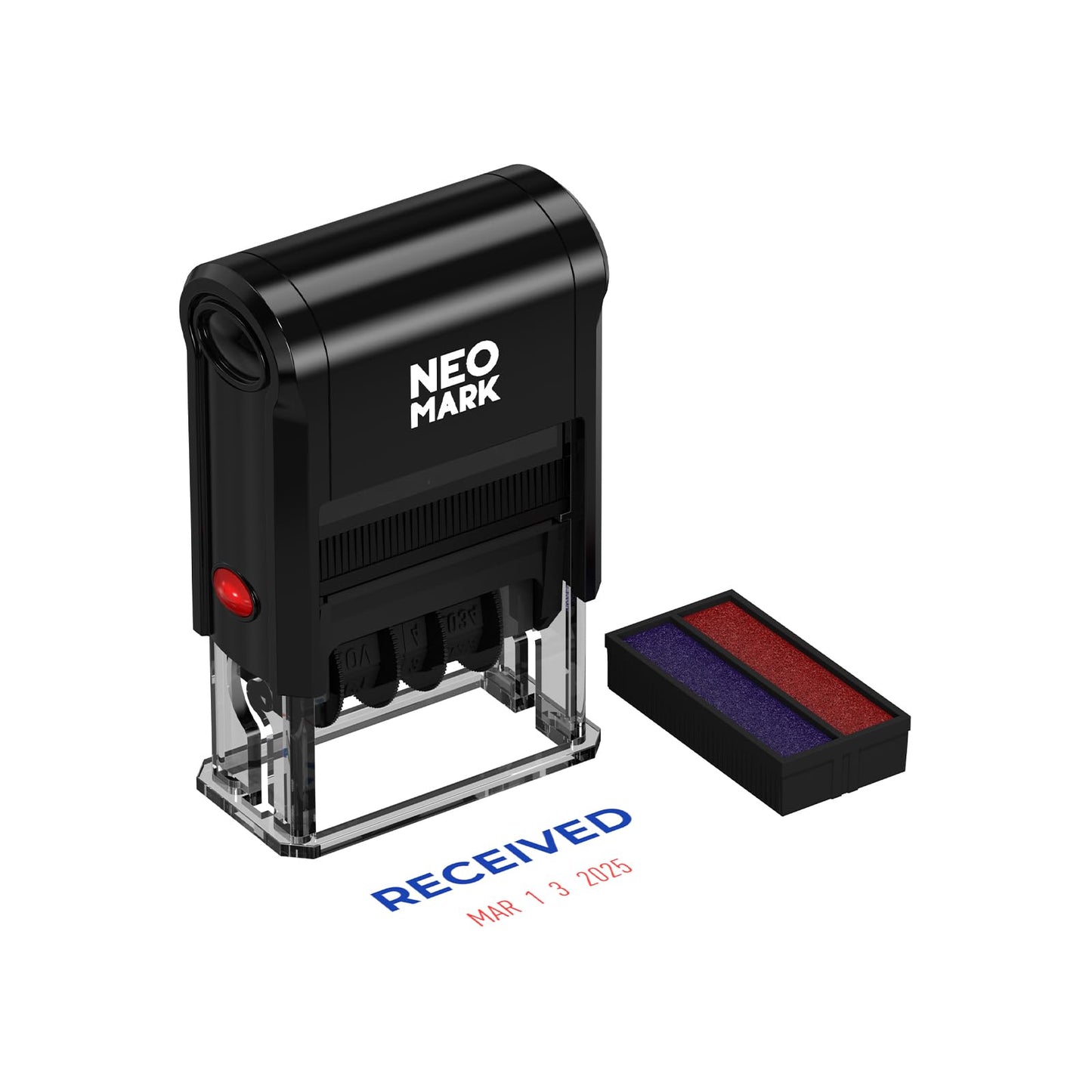NEO MARK Self-Inking Date Office Stamp with Received Blue Ink & Date Red Ink, 12-Year Adjustable Rubber Dater, Ideal for Documents, Business & Accounting - with an Extra Refill Ink Pad