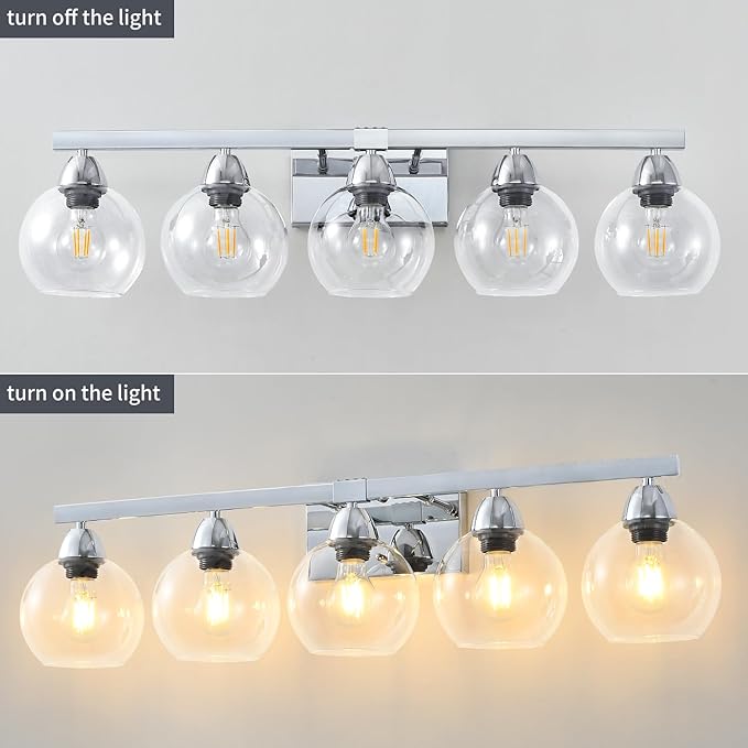 5-Light Bathroom Light Fixtures, Silver Vanity Light with Ultra-Clear Hand-Blown Glass, Durable & Elegant, Wall Lamp for Mirror, Bedroom, Kitchen