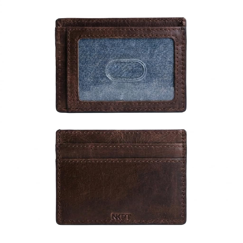 NKPT Thin RFID Leather Credit Card Holder Wallet for Men or Women | Small Slim Design, Classic Brown