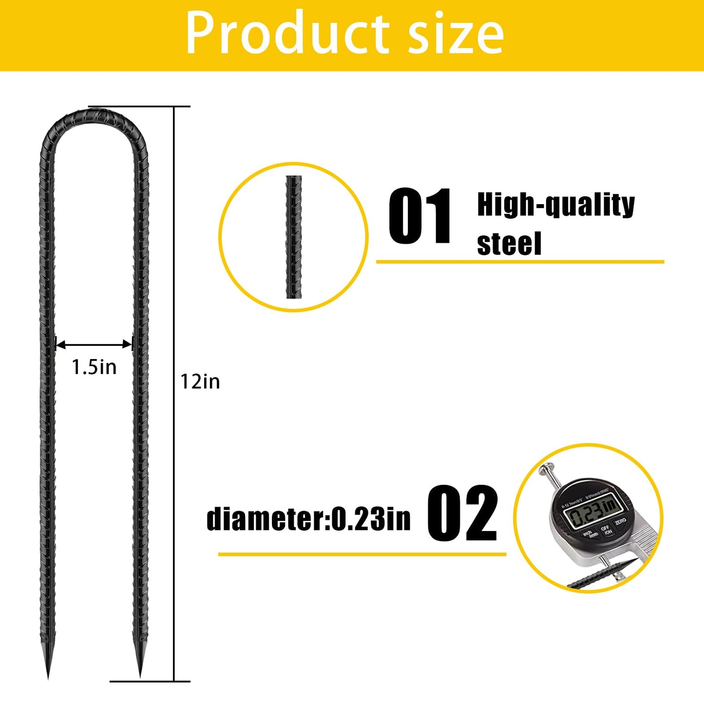 Ground Stakes Heavy Duty 12 inch, U-Hook Rebar Stakes Black Coated Anti-Rust 10pcs Garden Stakes Metal Ground Anchors for Garden Dog Fence Chicken Coop Christmas Decorations Deer Fence