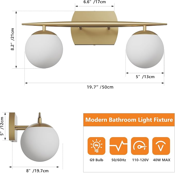 Gold Vanity Lights for Bathroom, 2-Light 20 Inch Bathroom Lighting Fixtures over Mirror with Milky White Frosted Glass Shades, Wall Sconces for Bathroom, Bedroom, Living Room(G9 Bulb not Included)