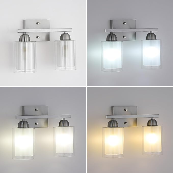 Stainless Steel Bathroom Vanity Light Over Mirror, 2 Light Brushed Nickel Bathroom Light Fixtures with Milk Glass and Clear Glass Shades, Modern Vanity Lighting Wall Mount