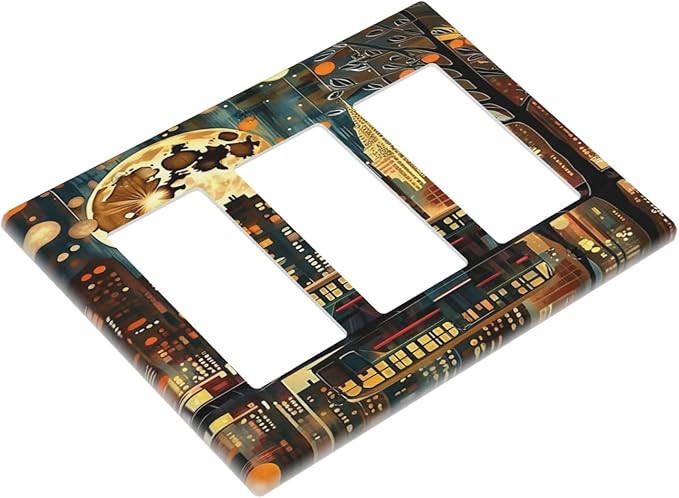 City Light Moon Bus Abstract Art 3 Gang Rocker Triple Outlet Wall Plate Decorative Switchplate Cover Faceplate GFCI Light Switch Covers for Farmhouse Living Decor