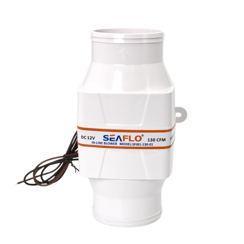 SEAFLO 3" In-Line Marine Bilge Air Blower - 12V, 130 CFM, 2.5A Max Draw, 4-Blade Fan, Ultra-Quiet Operation, White, 3 Inch for Yacht/Sailboat/Boat - ISO 8846, CE & RoHS Certified - 4-Year Warranty