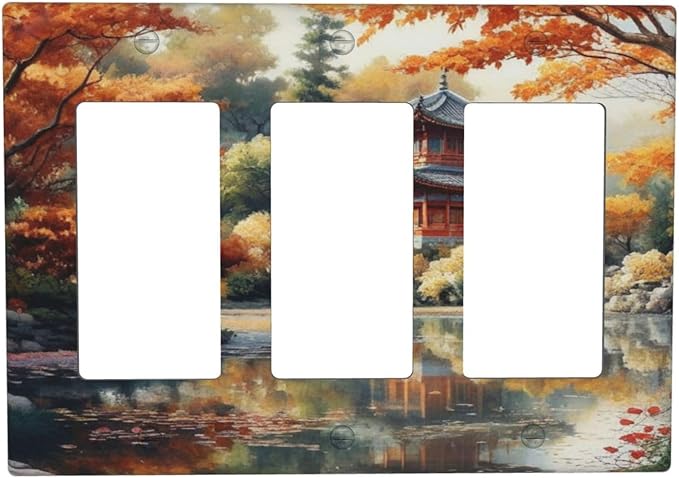 Decorative Art Light Switch Covers Lake & Pagoda in Fall 3 Gang Triple Rocker Outlet Switch plate GFCI Faceplate GFCI for Home Decor