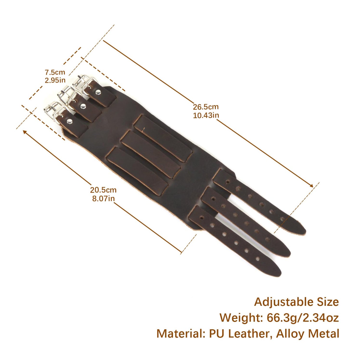 HZMAN Dark Brown Leather Wide Triple Strap Cuff Wrap Gauntlet Wristband Buckle Fastening Arm Armor Cuff (Brown)