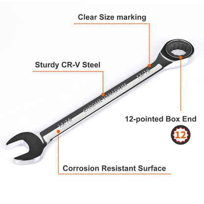Egofine 13/16 inch Ratcheting Combination Wrench SAE, Industrial Grade Gear Spanner with 12-Point Design, 72-Tooth Ratchet, Chrome Vanadium Steel