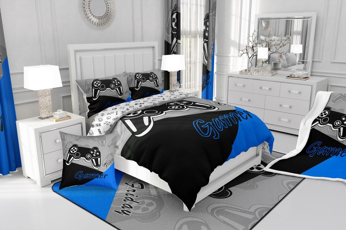 jejeloiu Gamer Area Rug 4x5 Gaming Rugs for Living Room Bedroom Game Room Decor Gamepad Blue and Black Accent Rug