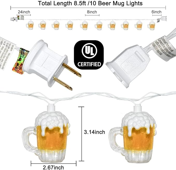 Beer Mug String Lights Plug in, 8.5Ft Summer Beer Party Decorations String Lights with 10 Beer Cup Lights, Hanging Beer Cup Fairy Lights for Outdoor Bar Birthday Summer Themed Party Wedding Decor