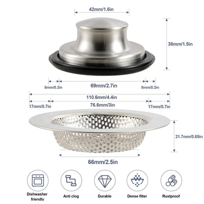 RQYEKDO Polished Kitchen Sink Strainers Sink Stopper Kits, Stainless Steel Sink Drain Strainer Set,Large Wide Rim 4.4" Diameter Food Catcher Garbage Disposal Plug for Most Sink Drains Basket Filter