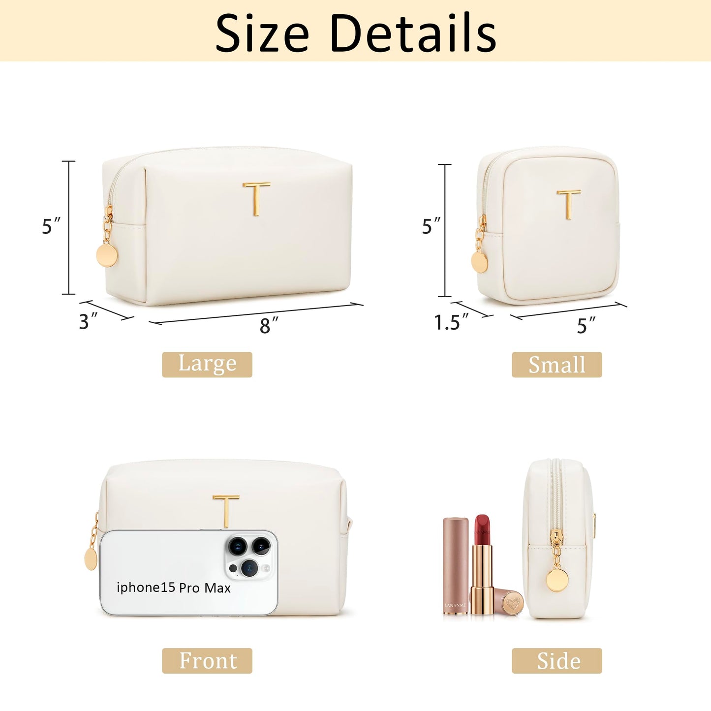 CLOUDWINGS Personalized Birthday Gifts for Women - Initial Makeup Bag Set Travel Toiletry Bag Cosmetic Bags Soft Waterproof PU Leather Makeup Pouch Travel Essentials (T, 2pcs Beige)