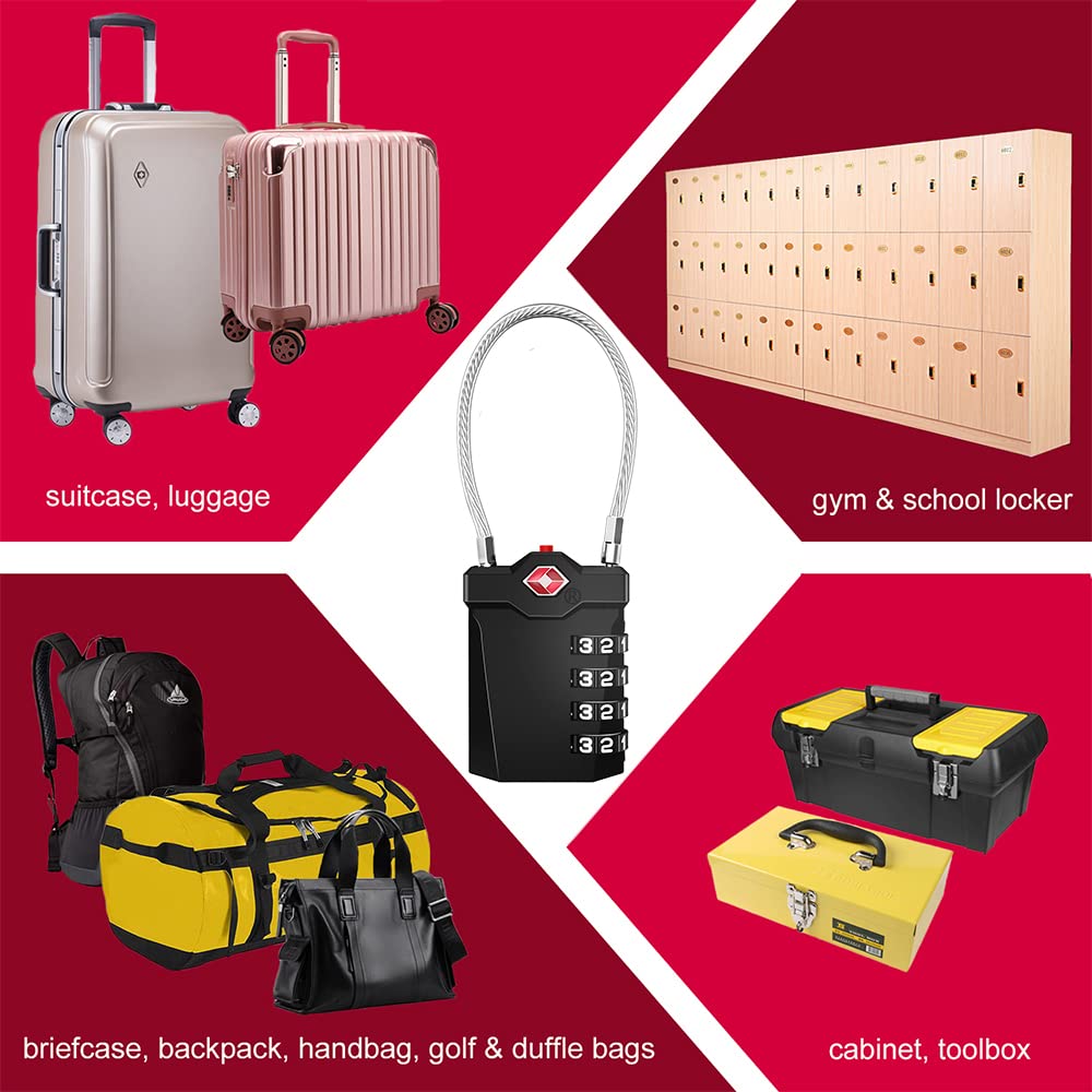 ZHEGE TSA Approved Luggage Lock, 1-Pack, Black, Combination Lock, 10,000 Combination Options, 5.5in Flexible Cable, Easy to Use, Secure & Solid, Suitable for Luggage, Backpacks, Briefcases