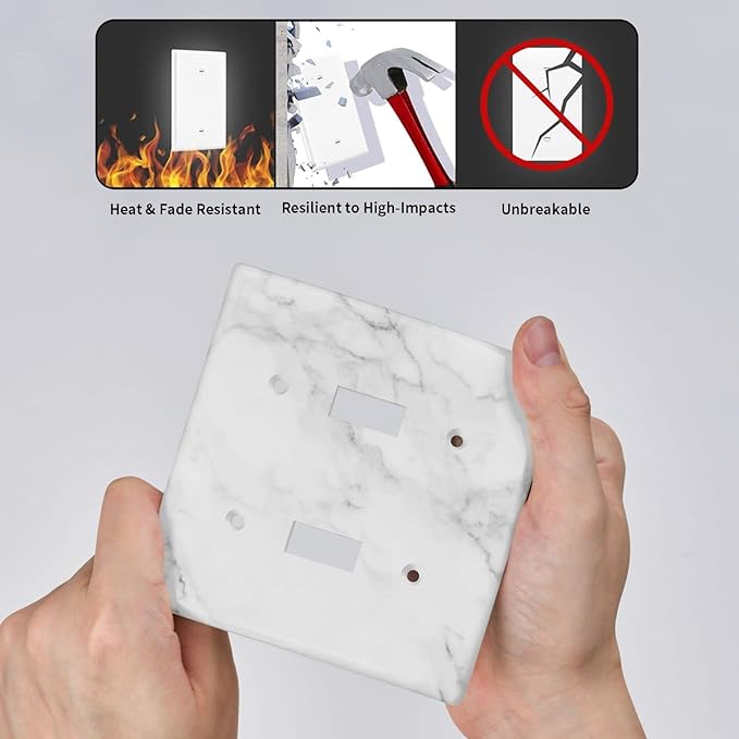 White Marble Pattern Light Switch Cover Decorative Double Toggle Wall Plate 2-Gang Art Print Faceplate for Kitchen Home Kids Room Decor 4.5" X 4.5"