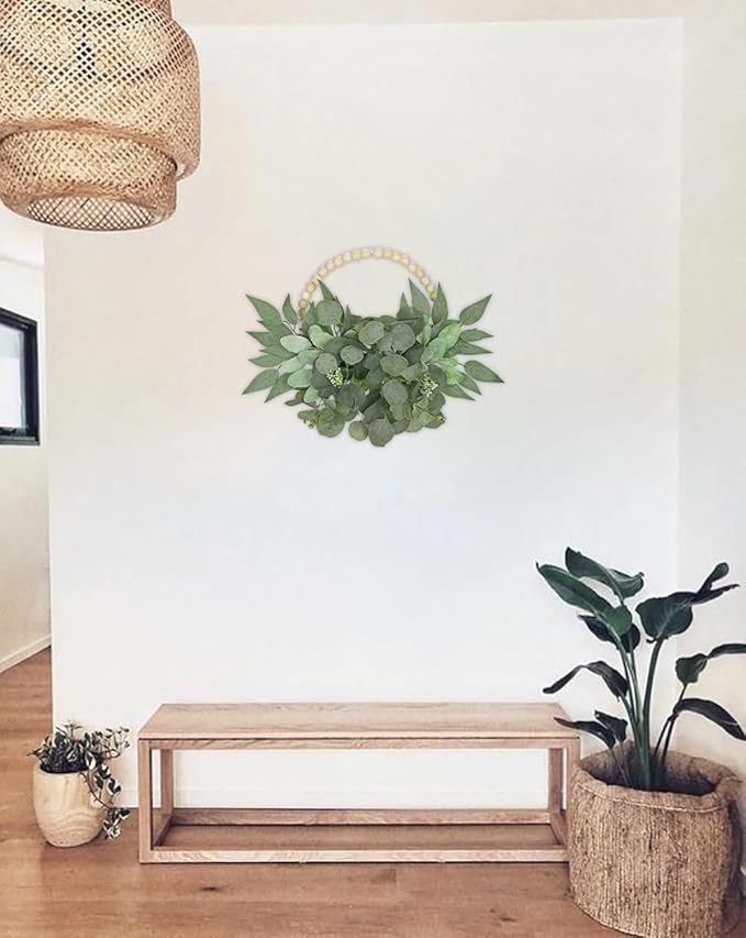 Artificial Eucalyptus Wreaths with Wood Bead for Front Door 10" Eucalyptus Leaves Wreaths Spring Summer Decoration Boho Farmhouse Wall Decor 2 Pack - Eucalyptus