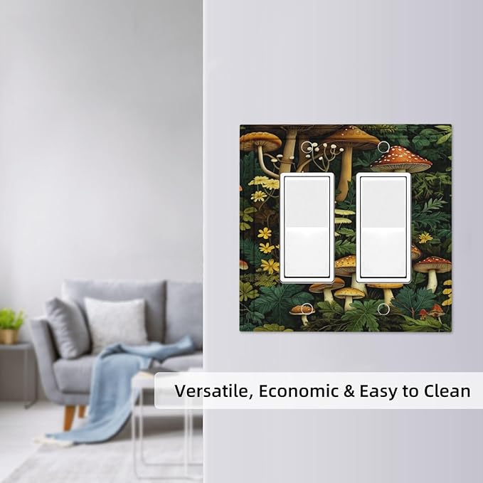 Mushrooms Forest Nature Botanical Art Dual Outlet Covers Wall Plate 2 Gang Rocker Decora Decorative Switchplate Electrical Faceplate GFCI Light Switch Covers for Farmhouse Living Decor