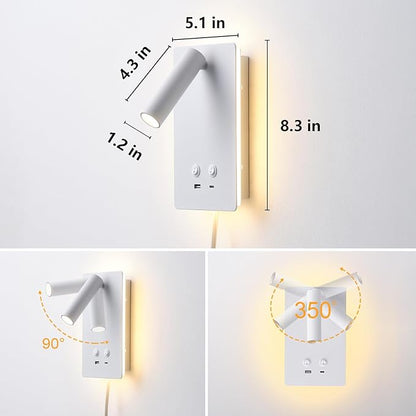 Dimmable Wall Mounted Reading Light for Bed, LED Wall Lamps with USB C+A Ports, Hardwire & Plug in 2 in 1 Wall Sconces with Switch, Eye-Caring Bed Side Lamp with 9W+3W Backlight 3000K (2 Pack)