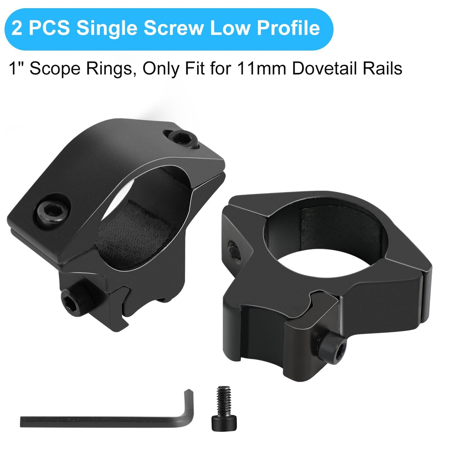 LONSEL 1'' Dovetail Scope Rings, 2 Pack High Profile or Medium Profile 1 Inch Scope Mount Rings for 11mm Dovetail Rails (Single Screw - Low Profile - 2 Pcs)