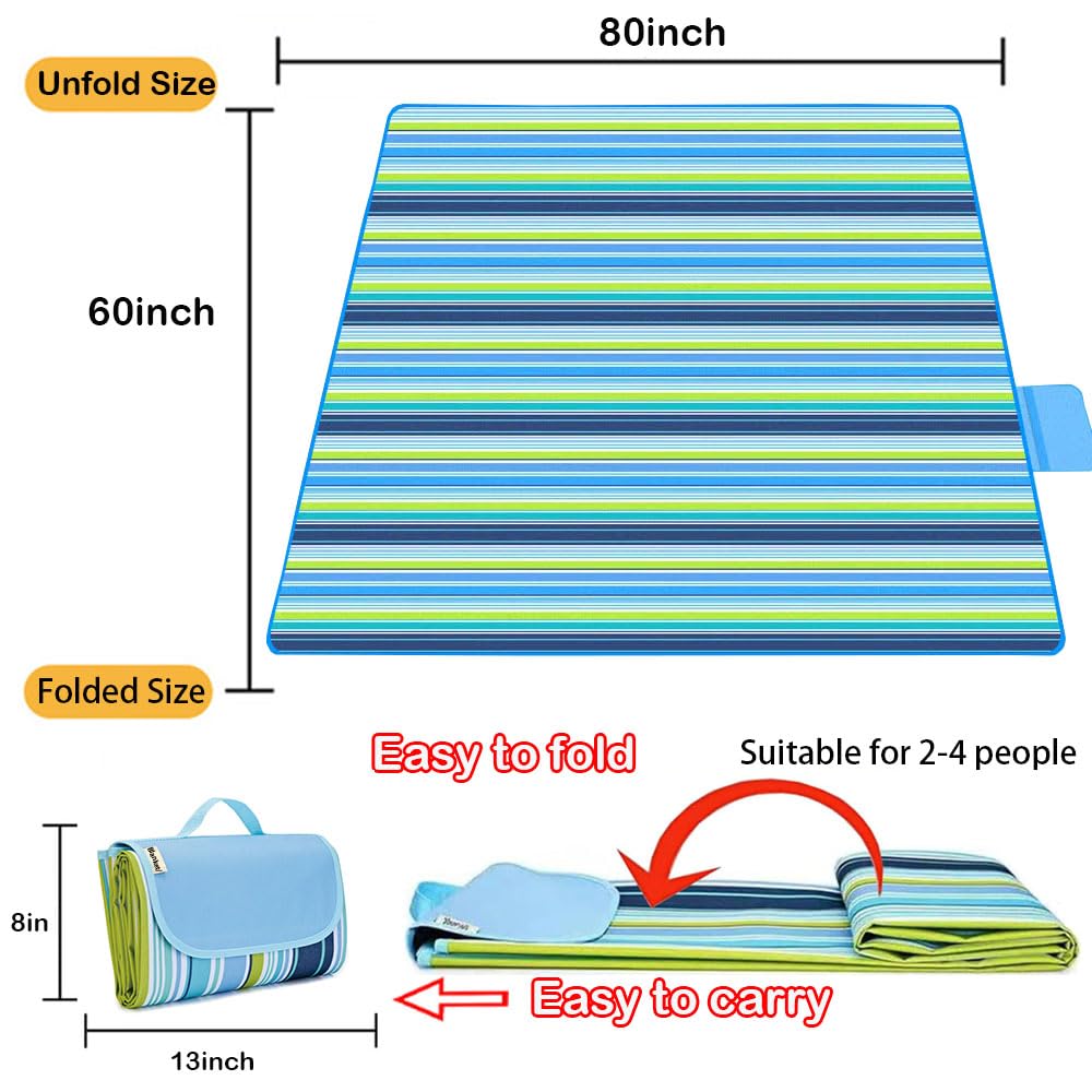 PUPOPIK Extra Large Beach Blanket Outdoor Picnic Blankets, Foldable Waterproof Sand Free Beach Mats Picnic Mat for Festival BBQ Park Grass Lawn Camping Hiking Travel Concerts (Blue 2, 80x60 in)