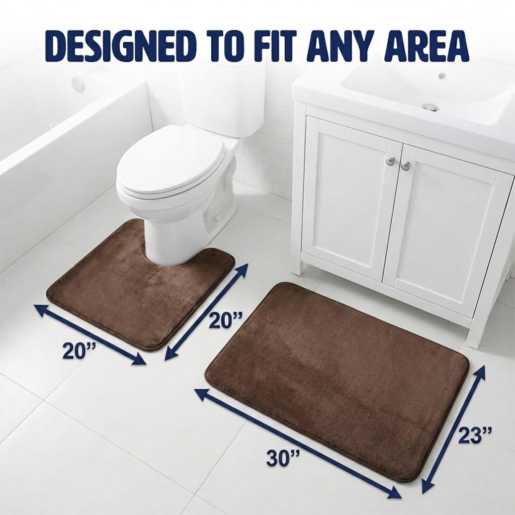 Muddy Mat® Memory Foam Bath Mat Set 2 Piece – Velvet Soft Non Slip Bathroom Rugs Set, Thick Absorbent Washable Bath Mats for Bathroom Floor and Shower, Brown 20"x30" + 20"x20" U-Shaped