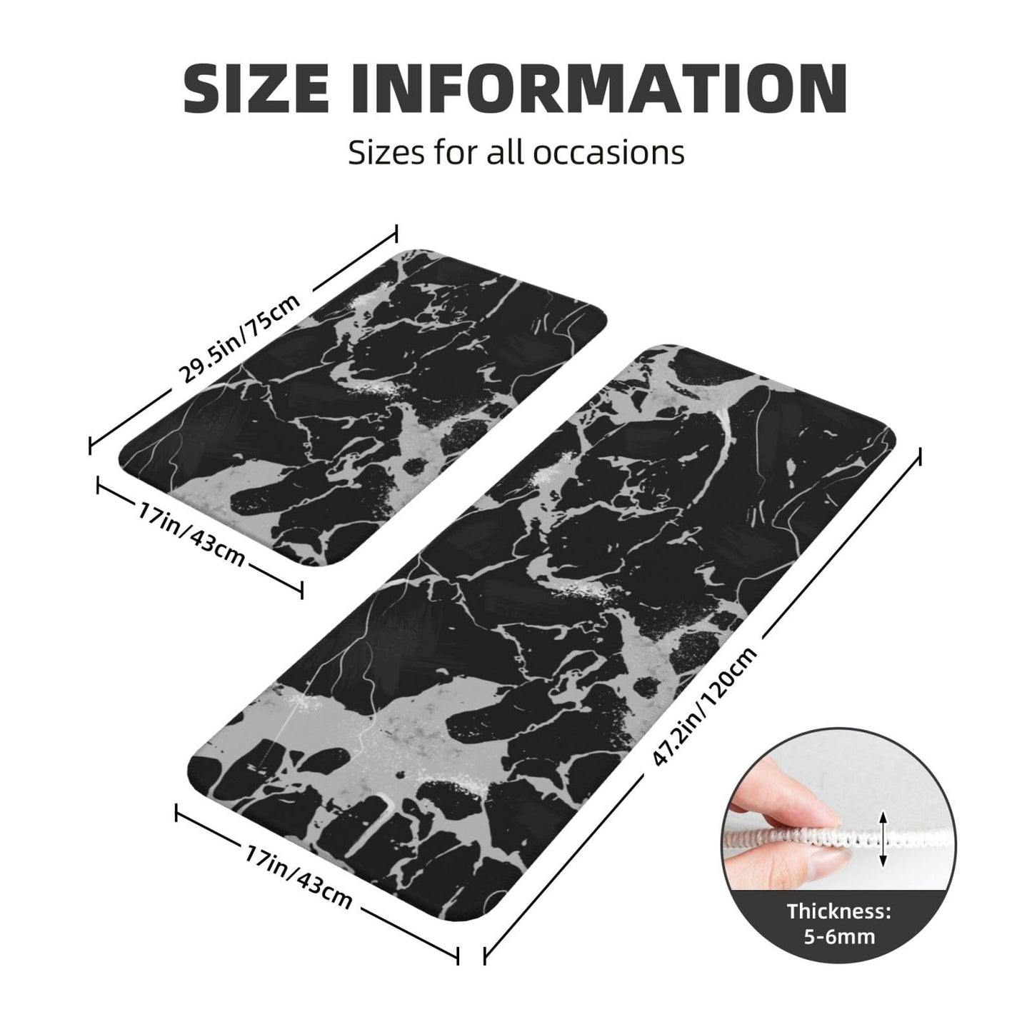 Scczsin Black Gray Marble Kitchen Rugs Microfiber Floor Mats Cushioned Carpet Runner Rug for Laundry Bathroom Living Room, 2 Piece Set 17"X 47" + 17"X 30"