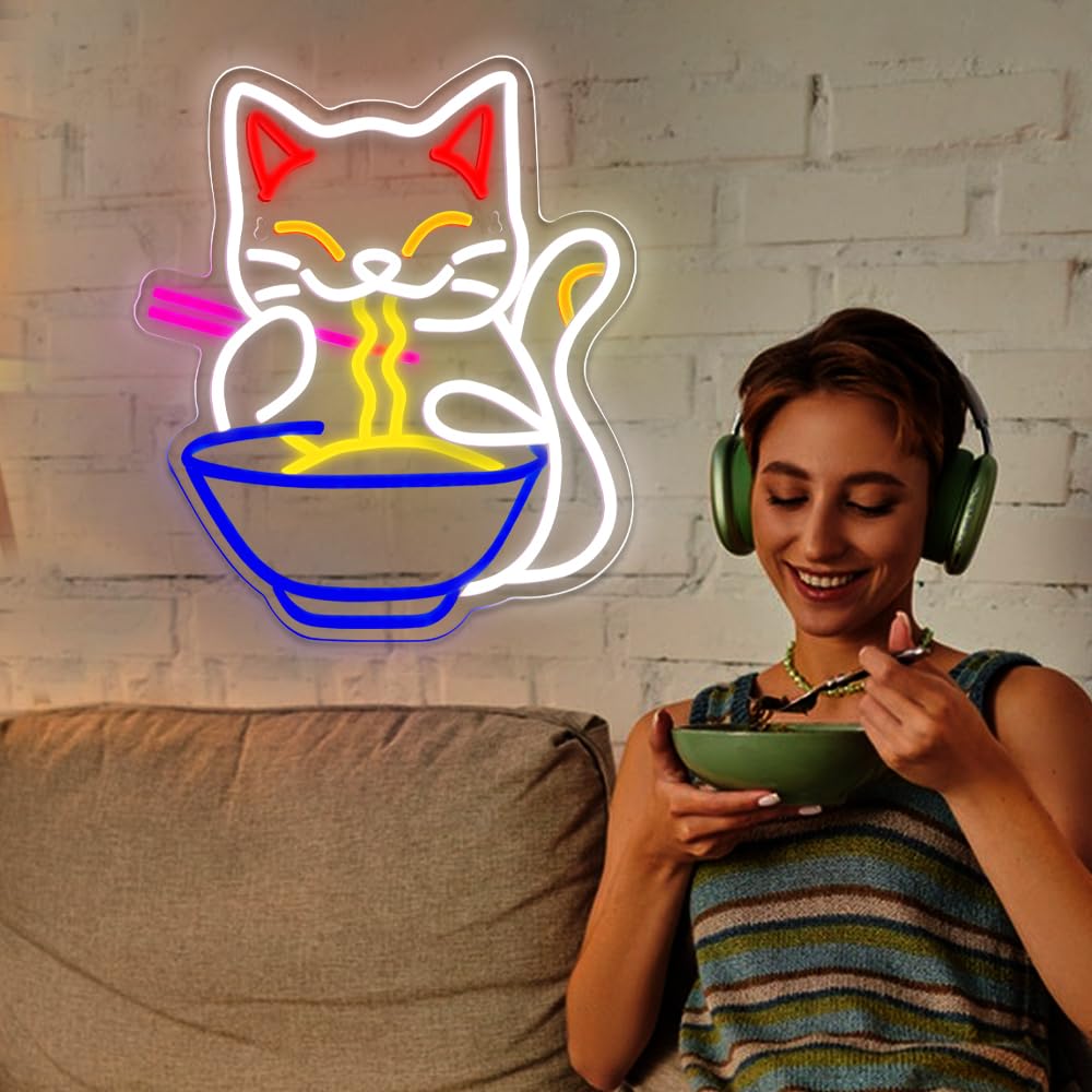 RuCvixkt Ramen Cat Neon Sign for Wall Decor, Fortune Japanese Cat Eating Ramen Led Light Signs Maneki Neko Lucky Neon Signs for Bedroom, Noodle Resturant,Baby Girls Room Party Gift