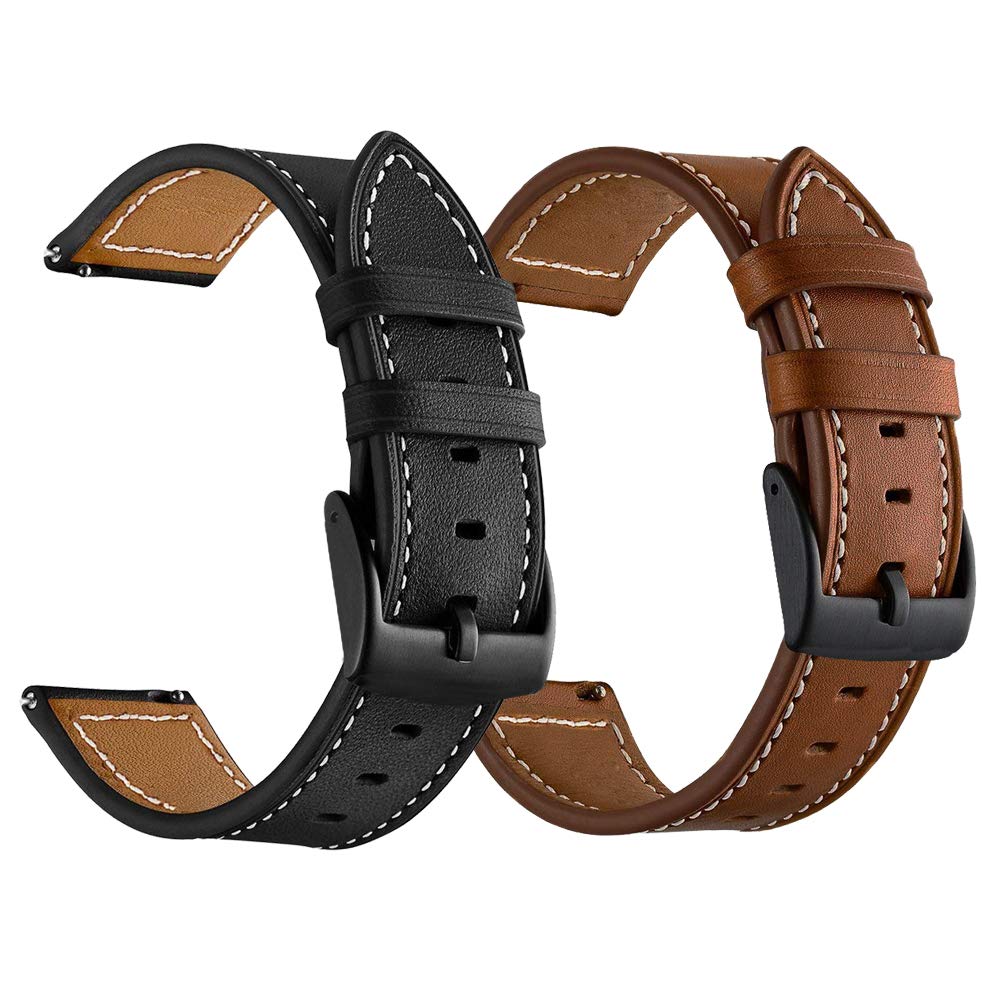 LDFAS Leather Band for Galaxy Watch 7/6 Classic 47mm 43mm/5 Pro 45mm Bands, 20mm Watch Strap Compatible for Samsung Galaxy Watch 6/5/4 40mm 44mm/Active 3 41mm Band, Black/Brown+Black (2 Pack)