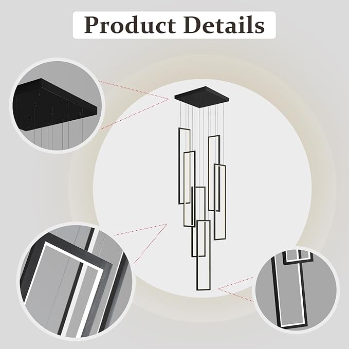 Flashing God Modern Chandelier,Black Chandelier with 6 Ring Led Foyer Chandeliers,Larger High Ceiling Chandelier for Living Room,Rectangle Chandelier for Entryway Staircase LED Dimming 2700k-6001k