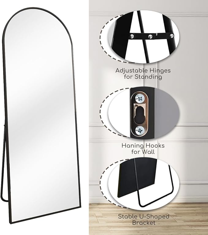 Arched Floor Mirror, 57 "x 20" Full Length Mirror Wall Mirrors Hanging or Leaning Arched-Top Full Body Mirrors with Stand for Bedroom, Dressing Room, Black
