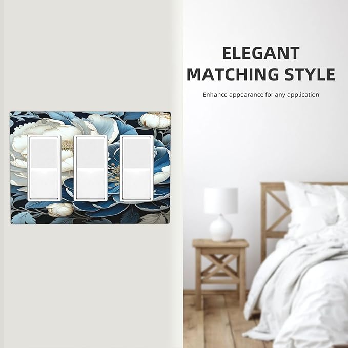 White Blue Flower Peonies 3 Gang Rocker Triple Outlet Wall Plate Decorative Switchplate Cover Faceplate GFCI Light Switch Covers for Farmhouse Living Decor