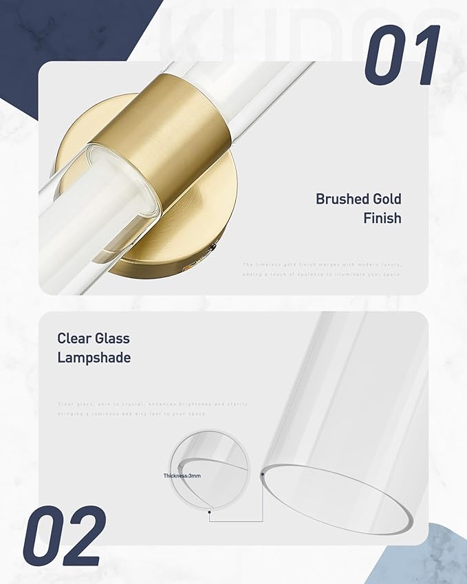 kudos Gold Modern Sconces Wall Lighting, 2Pc Wall Sconces with Clear Glass and Frosted Glass, Modern LED Vanity Light for Bathroom, 3000K/4500K/6000K Adjustable,KDVL06-GD-2-2PK