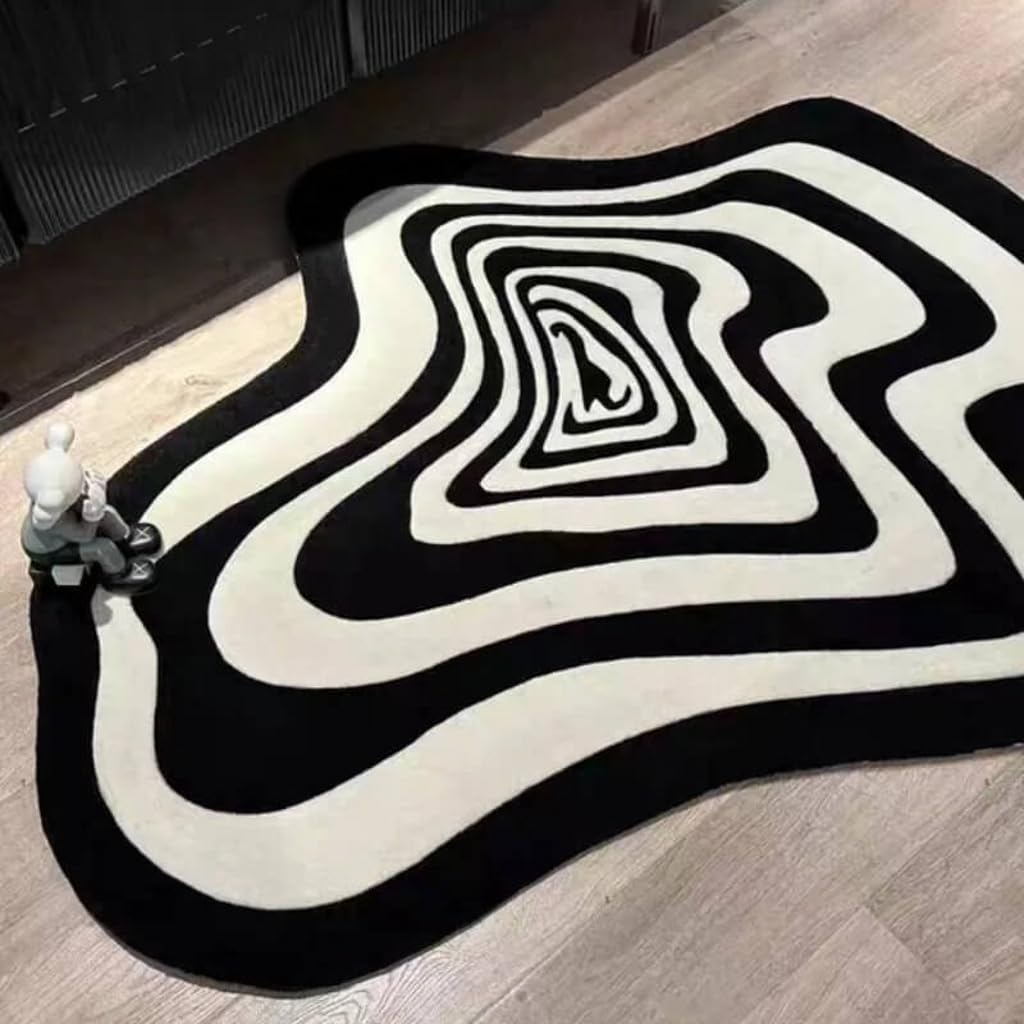 Black and White Abstract Striped Irregular Shape Area Rug 6ft Faux Wool Ultra Soft Rug for Livingroom Bedroom Diningroom Aesthetic Home Office Decor Playroom Carpet