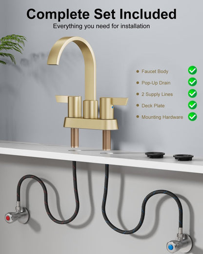 Aolemi Bathroom Sink Faucet, 4 Inch Centerset Waterfall Faucet for 2 or 3 Hole Vanity Sink, 2 Handle Vanity Faucet with Pop Up Drain and Supply Lines, Brushed Gold