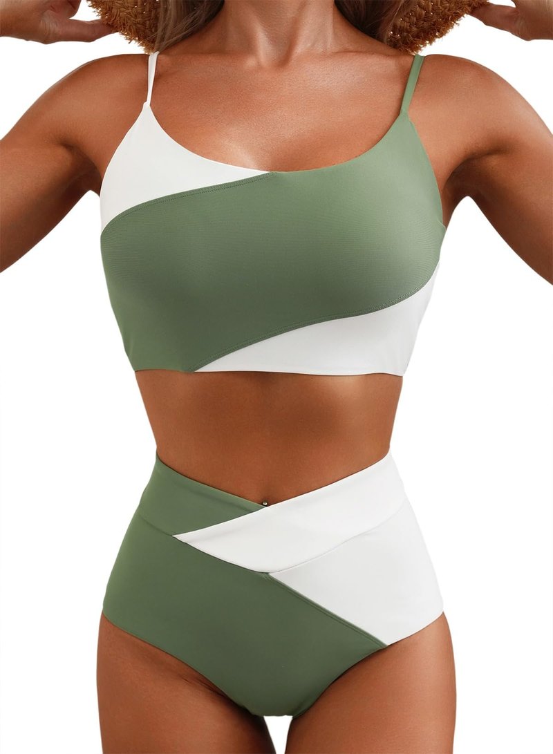 Herseas Women High Waisted Bikini Push Up Swim Top with Tummy Control Bottom Spaghetti Straps 2 Piece Best Bathing Suits for Teen Girls Curvy Cruise Outfits Green Medium