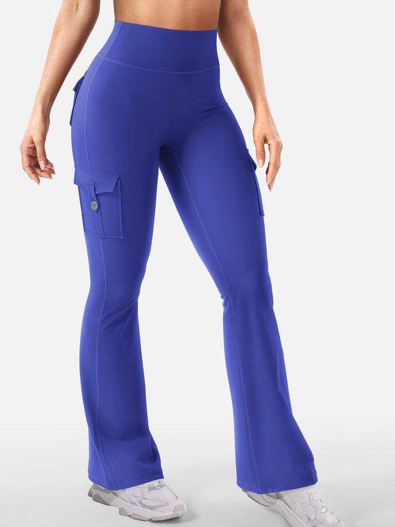 YEOREO CoreFlex Women Workout Flare Leggings with Pockets Hidden Scrunch High Waisted Cargo Gym Yoga No Front Seam Leggings 30" Inseam Dazzling Blue S