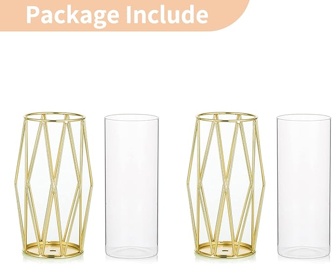 Nuptio Gold Pillar Candle Holder: 2 Pcs Glass Hurricane Candles Holders with Geometric Metal Rack Stand for Wedding Birthday Party Centerpieces - Decorative Flower Vase for Office Living Room