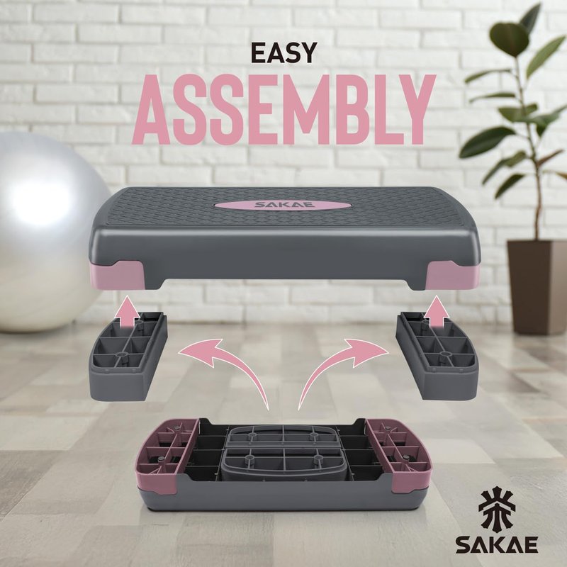 Step Aerobics Platform Set with Weighted Vest & Measuring Tape, Aerobic Steppers for Exercise at Home, Adjustable Height 2 Level Risers Workout Stepper with Non-Slip Surface, Pink Grey