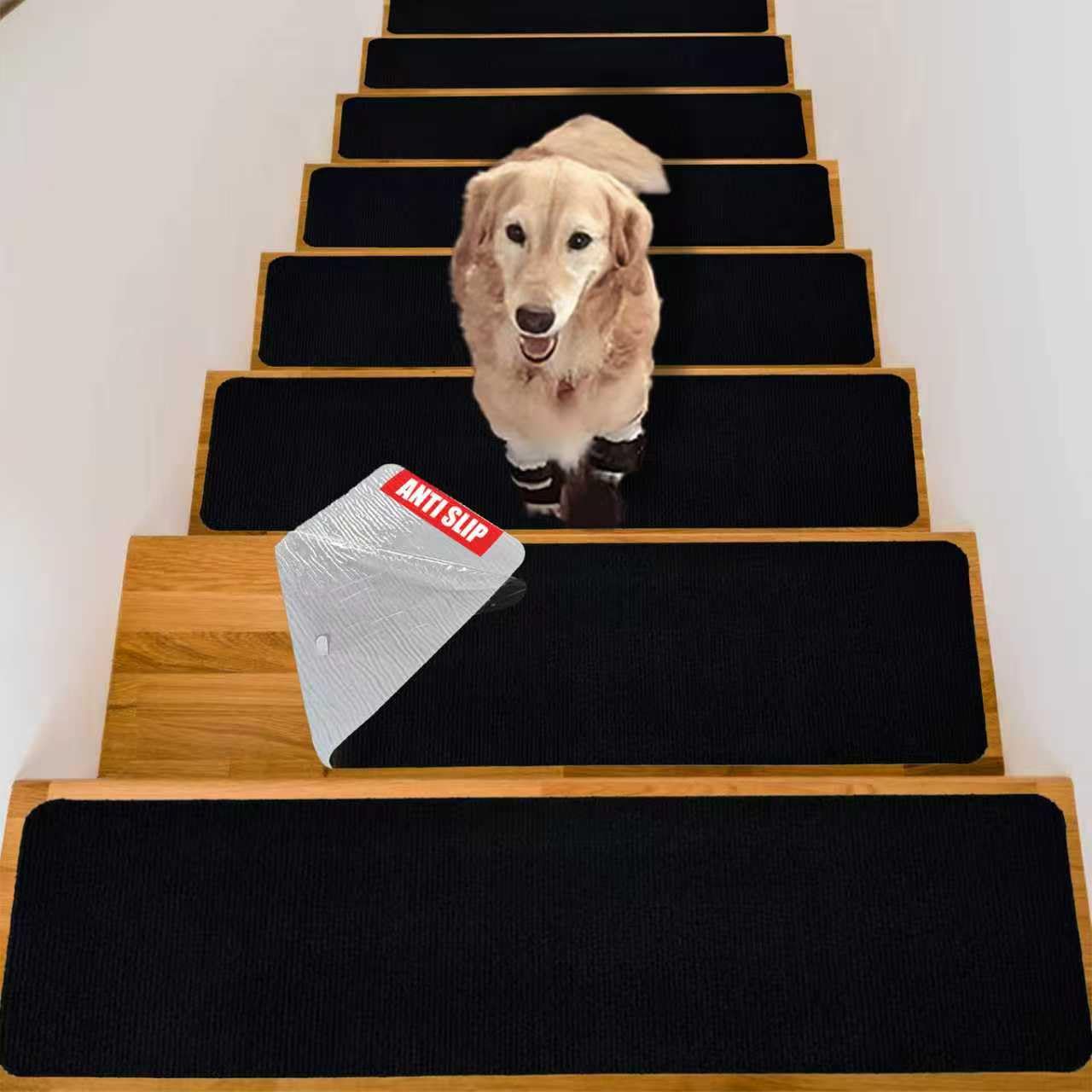Tigsport Nonslip Stair Treads Wooden Steps, 15 PCS 30" x 8" Safety Rug Slip Resistant Runner with Reusable Adhesive, Carpet Landing Mat for Family Elders Pets Soft Stair Mats Indoor (Black)